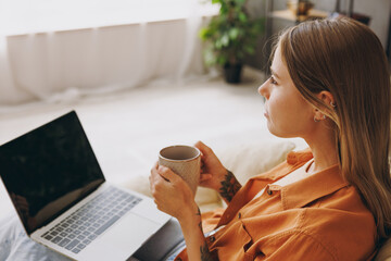 Young IT woman wear casual clothes hold use work on blank screen laptop pc computer sits in chair stay at home hotel flat rest relax spend free spare time in living room indoor. People lounge concept.
