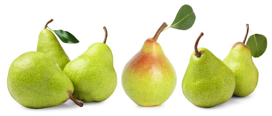 Fresh ripe green pears isolated on white, set