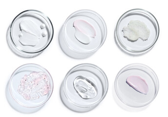 Petri dishes with cosmetic products on white background, top view