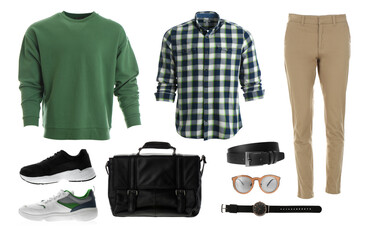 Collection of stylish clothes, shoes and accessories for men on white background. Fashionable...