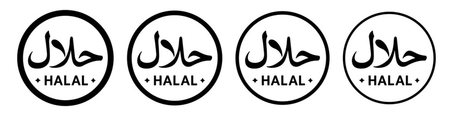 Set of halal logo icons in circular design with different line thickness. Islamic certification symbols for halal food, packaging and restaurant labels. Minimalist black and white vector illustration.