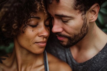 Portrait of a tender mixed race couple in their 30s giving a kiss on the forehead
