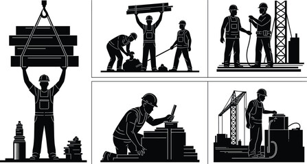 Construction workers, teamwork, lifting beam, machinery, blueprint, hose, crane, safety, silhouette, black and white, industrial, manual labor, infrastructure, engineering, tools, building site, , 