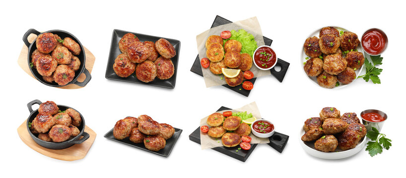 Yummy fried patties isolated on white, collage. Top and side view