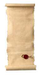 Scroll of old parchment paper with wax seal isolated on white