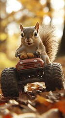 Adorable squirrel rides a toy monster truck through a colorful autumn forest floor