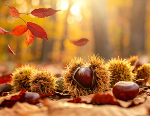 Autumn harvest with chestnuts, burrs and falling leaves