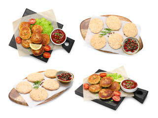 Uncooked and roasted patties isolated on white, collage. Top and side view