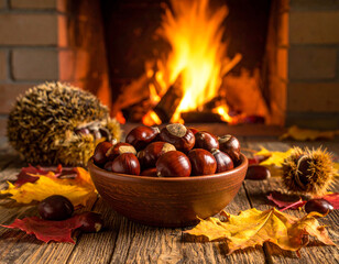 Chestnuts in bowl with autumn leaves warming by a fireplace
