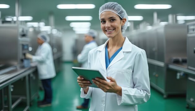 Young female supervisor smiles, holding tablet in modern sterile food processing plant. Wears white lab coat, hairnet. Woman manages quality control, production. Workers operate machines in