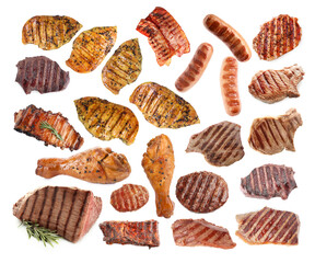 Grilled meat and sausages isolated on white, set
