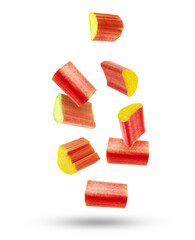 Fresh rhubarb pieces falling on white background