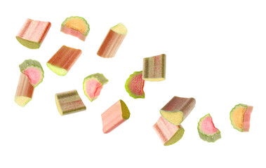 Rhubarb pieces flying in air on white background