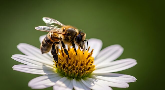 Closeup of a bee collecting pollen from a white and yellow daisy flower - Powered by Adobe