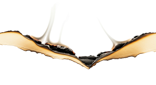 Burnt edge of paper with smoke isolated on transparent background for abstract and vintage design element