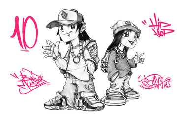 A GUY AND A GIRL WITH STYLISH CLOTHES AND TAGS RELATED TO HIP-HOP, DANCE MUSIC AND GRAFFITI