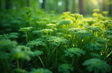 Green fresh leaves of wild cow parsley plant in forest. Cow parsley grows in woodland, leafy greens swaying gently. Forest floor filled with vibrant green plants. Wildflowers bloom in natural