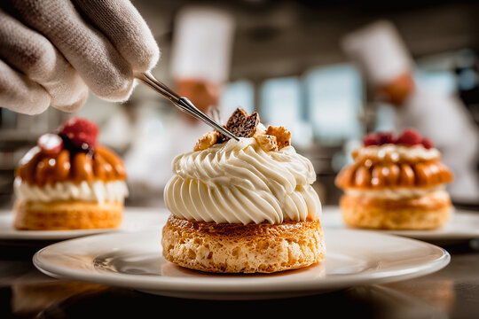 Chef garnishing a gourmet dessert with tweezers in a professional kitchen setting. A pastry chef delicately places toppings on a nice crafted dessert, showcasing culinary expertise and precision.