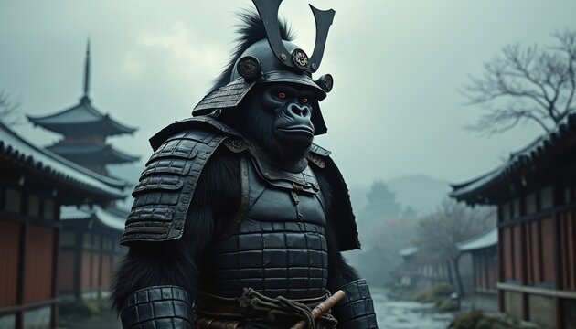 Gorilla warrior in samurai armor stands in Japanese village. Dark mist surrounds ancient buildings. Powerful primate wears detailed metal plates and helmet. Fierce red eyes gaze forward.