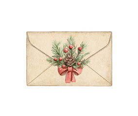 Watercolor vintage beige craft envelope with composition bouquet, boutonniere made of Christmas tree branches, berries and red bow. Hand drawn illustration sketch