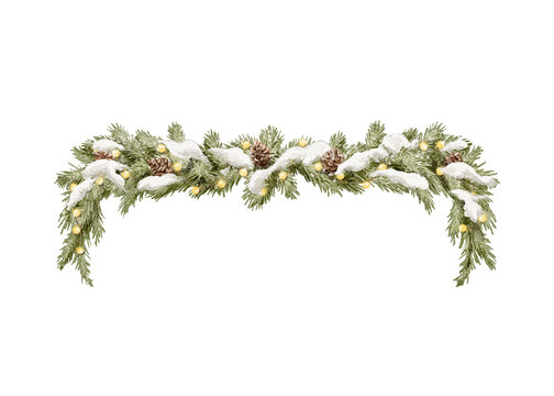 Watercolor vintage Christmas branches of coniferous trees horizontally create frame border with pine cones, snow and garland isolated on white background. Watercolor hand drawn illustration sketch
