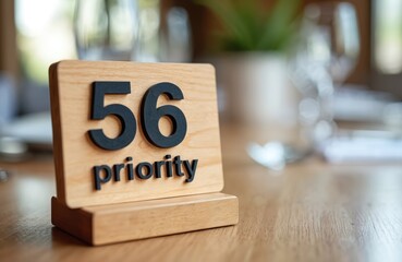 Wooden sign with black numbers 56, word priority stands on wood table. Sign indicates turn, order, service for waiting customers. Blurred background shows cafe setting with glasses, tableware. Modern
