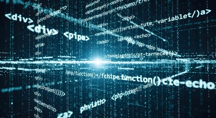 Illuminated lines of digital code cascade across a dark screen, creating a futuristic display.