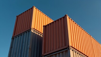 Fototapeta premium Stacked shipping containers against clear blue sky. Metal boxes represent global trade logistics commerce. Industrial structures arranged for delivery storage. Transportation theme with cargo