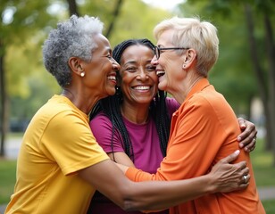 Diverse senior women hug laugh together. Group of cheerful elderly friends bonding in park. Multiethnic older females smile enjoy friendship. Happy mature ladies spending time outdoors.