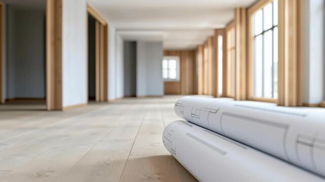 Architectural Blueprints on Wooden Floor Modern Plans Illuminate Spacious Interior with Natural Light in Serene Hallway Atmosphere