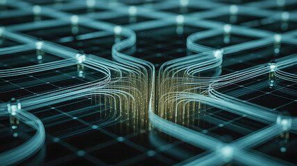 Futuristic technology concept featuring intricate light pathways and glowing nodes, representing advanced computing, quantum processing, and interconnected systems