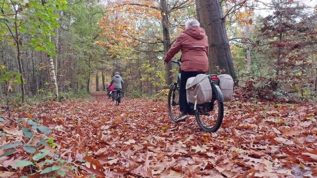 A group of senior people cycling through a colorful autumn forest on a path covered with fallen leaves. Relaxed outdoor recreation and healthy lifestyle in nature during fall season.