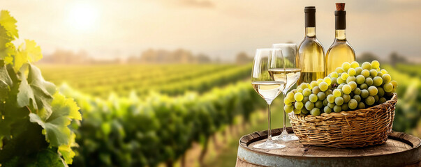 Fresh Grapes and Wine Bottles on Barrel in Scenic Vineyard Landscape