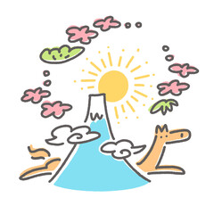 走る馬と富士山と初日の出のポップな年賀イラスト　2026・正方形・松竹梅