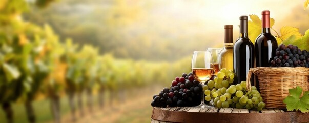 Wine Bottles and Grapes on a Barrel in a Vineyard Landscape