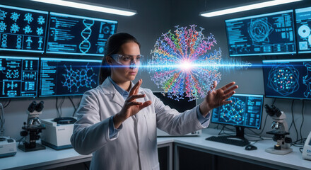Researcher Interacting with 3D Hologram of a Virus Protein Structure