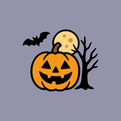 Halloween night illustration with a smiling jack o lantern pumpkin, full moon, flying bat, and spooky bare tree on a dark purple background creating a festive eerie atmosphere
