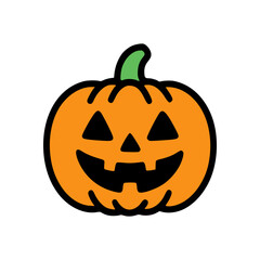 Cute Halloween pumpkin jack o lantern illustration with a wide happy smile, triangular eyes, and a bright orange body topped with a small green stem