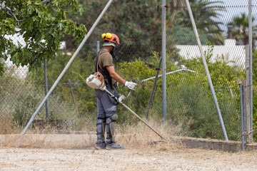 Gardener with a brush cutter removing grass.