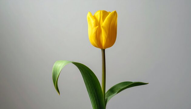 Close-up of a vibrant yellow tulip on a long stem, simple backdrop