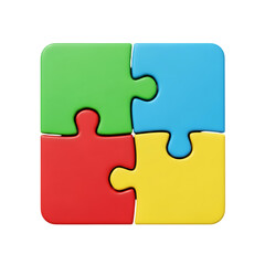 Four colorful puzzle pieces assembled together isolated on transparent background