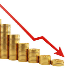 Falling stack of gold coins with red arrow graph isolated on transparent background