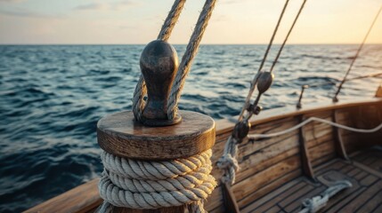 Close-Up View of Sailing Rope and Wooden Details on Boat Deck