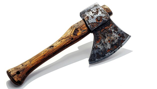 Close-up of a weathered axe on white backdrop, casting a shadow - Powered by Adobe
