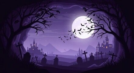 Vector art of full moon night with bat and spooky graveyard for halloween background scene