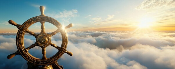 Vintage Ship Wheel Overlooking a Sea of Clouds at Sunrise