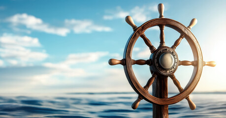 Vintage Ship Wheel Against Calm Ocean and Bright Blue Sky