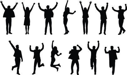 Celebration, silhouette, people, jumping, arms raised, excitement, joy, triumph, posture, gesture, vector, black, white, design, illustration, template, concept, movement, expressive, emotion