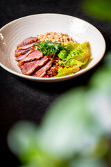Gourmet duck breast dish with fresh greens, grains, and herbs, plated in a white bowl on dark background. Fine dining presentation, ideal for restaurant or culinary themes.