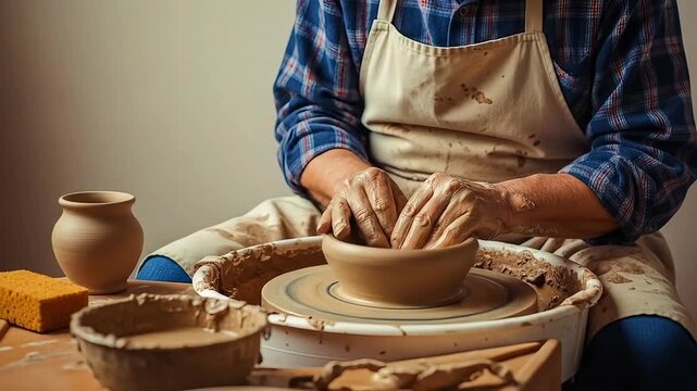 An elderly man, clad in apron and shirt, shapes clay on a pottery wheel